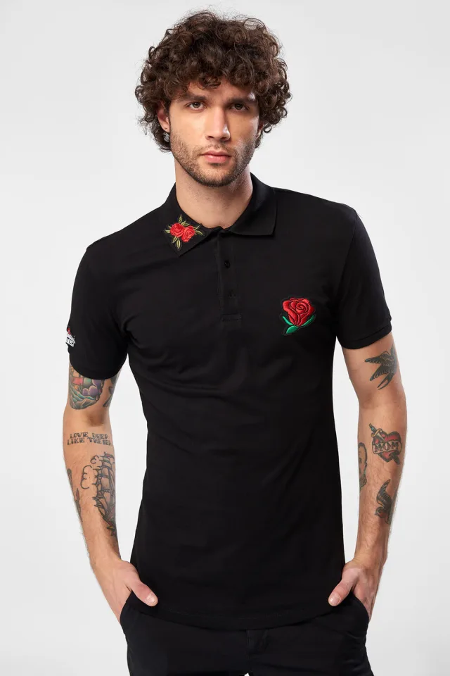 Siyah Erkek T-shirt - Çiçek Nakışlı Polo Yaka