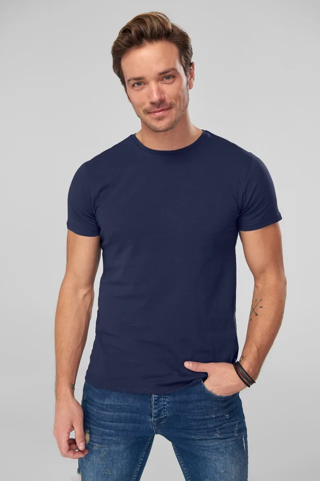 Lacivert BASIC Erkek Pamuk T-Shirt - Beyaz