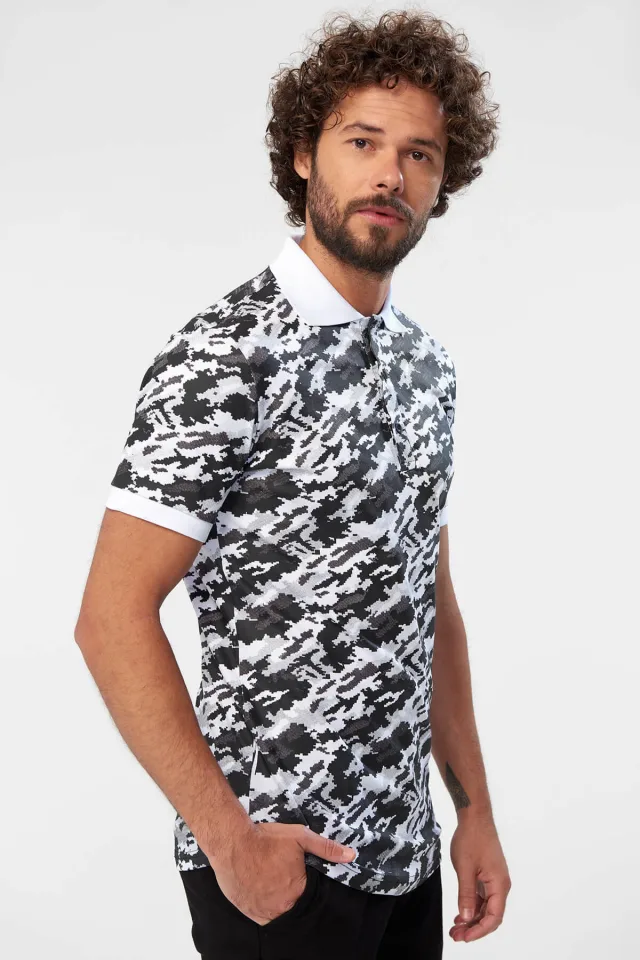 Eksi 1 Beyaz Erkek T-shirt - İnce Kamuflaj Desenli Grafik - Baskılı Polo Yaka